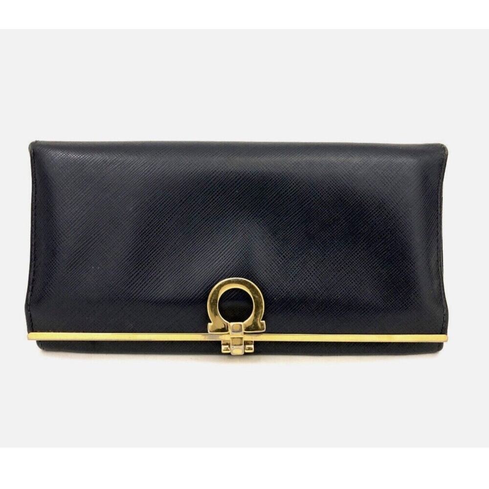 Authentic Salvatore Ferragamo Gancini Leather Long Bifold Wallet Blue Black
